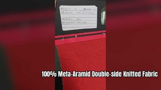 Produktname: Doppelseitig gestrickter Stoff aus 100 % Meta-Aramid. Gewicht: 400 g/m², Breite: 180 cm